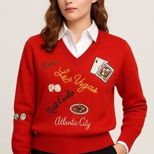 Retro City-Themed Cards Embroidered Knit Sweater Red V-Neck